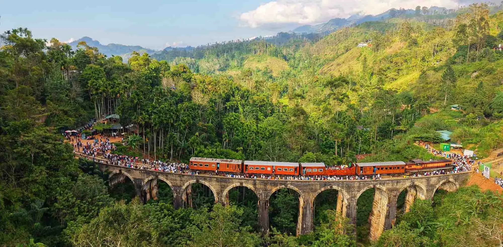 Scenic train ride chugging through the misty mountains